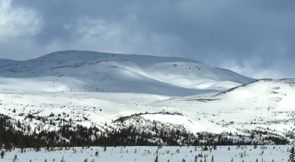 Et snødekt landskap med fjelltopper i bakgrunnen
